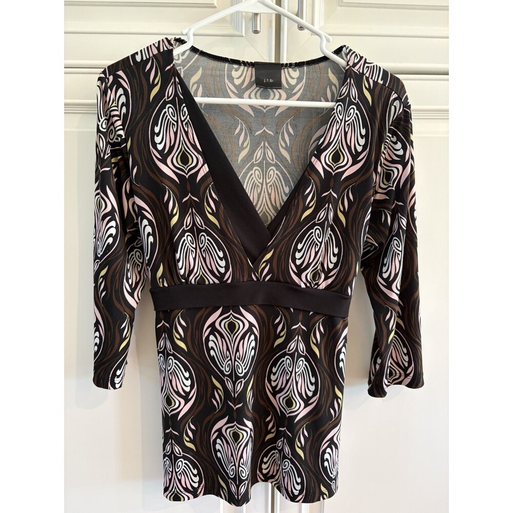 JTB Vintage Y2K 3/4 Tie Back Top Black W/ Pink Swirl Size Medium